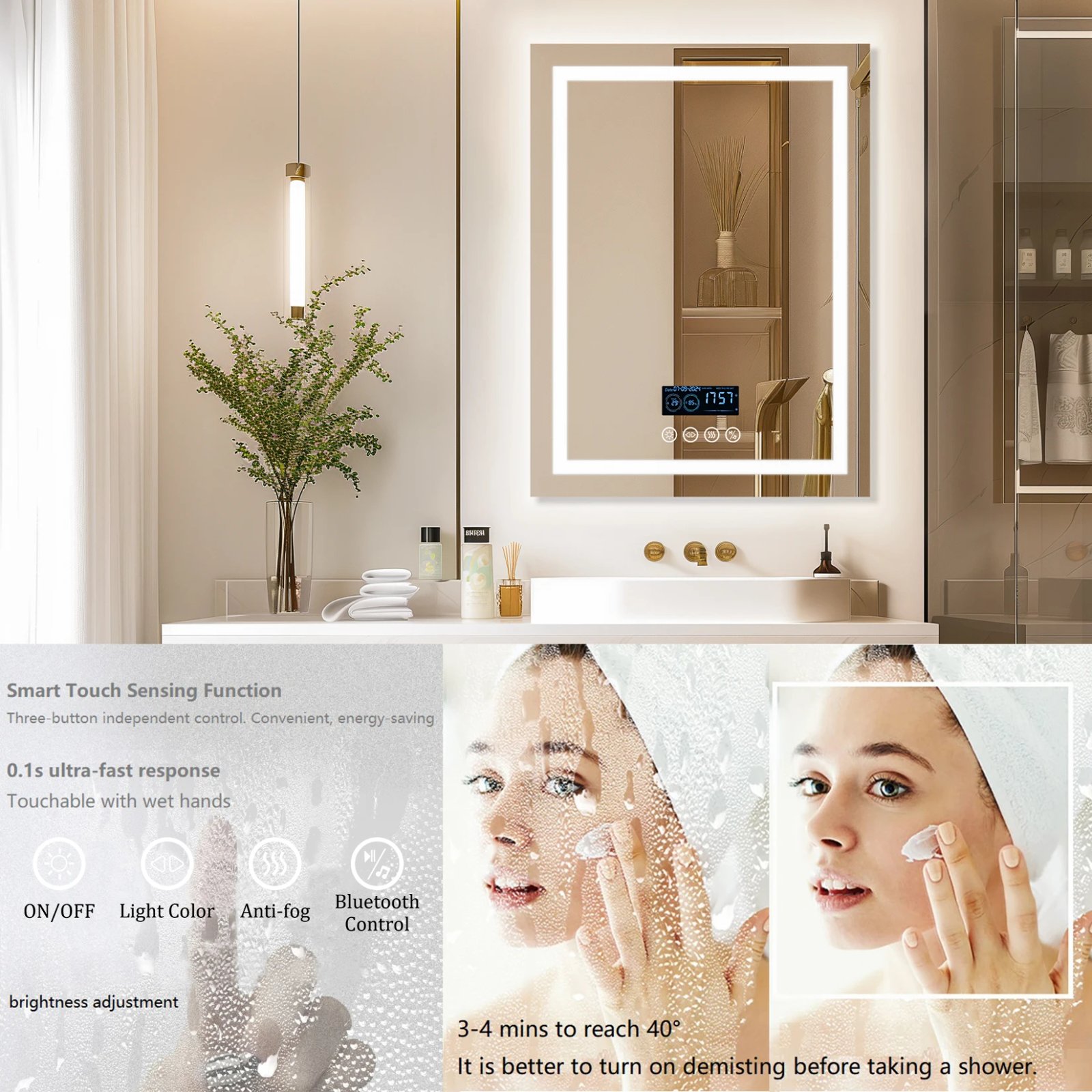 Square LED Lighted Bathroom Mirror with Bluetooth Speaker Smart Wall Vanity Mirror Front-lit and Backlight Touch Antifog