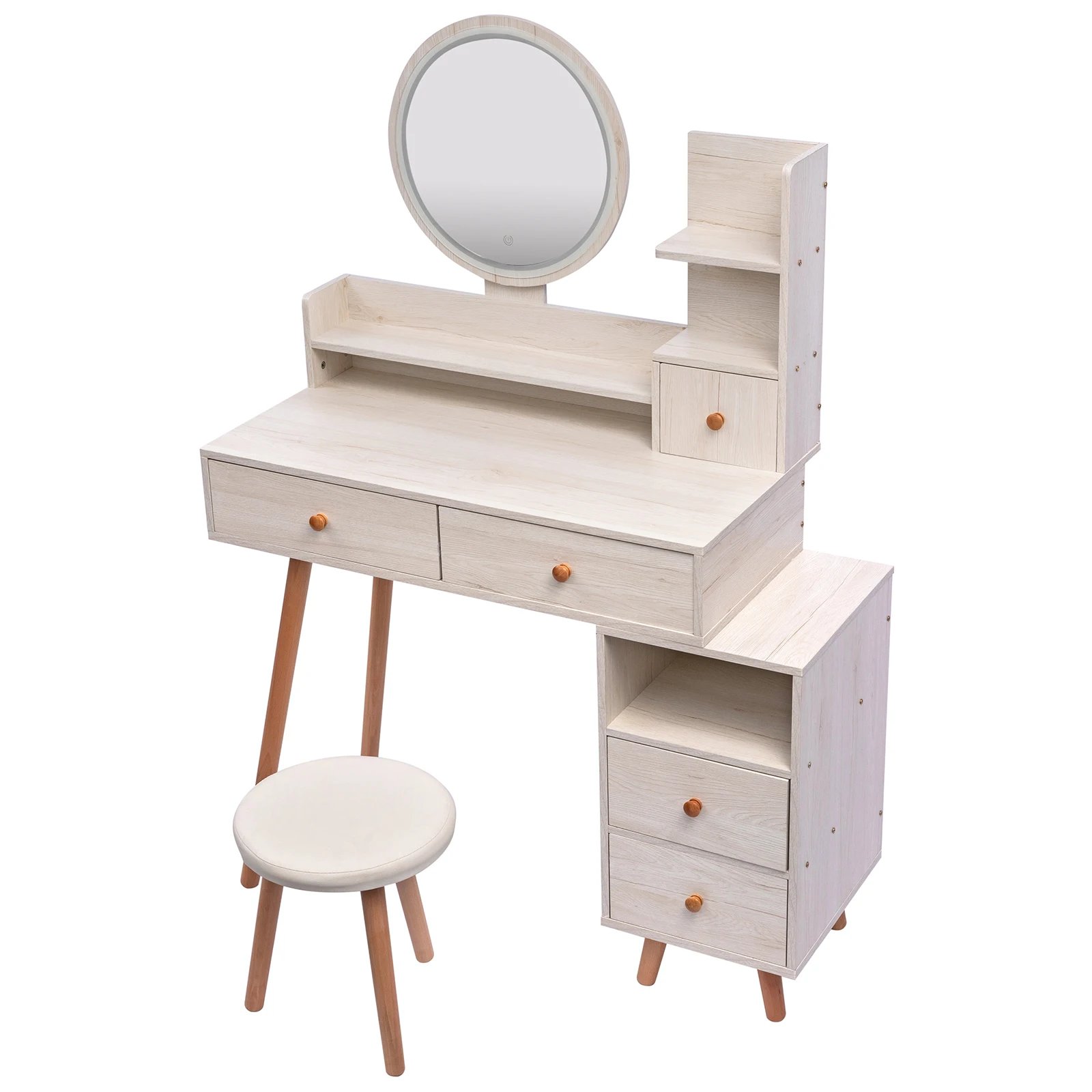 CRAZY ELF Stylish Vanity Table + Cushioned Stool, Touch Control LED Mirror, Large Capacity Storage Cabinet, 5 Drawers, Fashionab