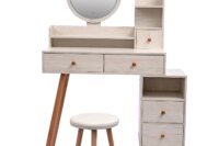 CRAZY ELF Stylish Vanity Table + Cushioned Stool, Touch Control LED Mirror, Large Capacity Storage Cabinet, 5 Drawers, Fashionab