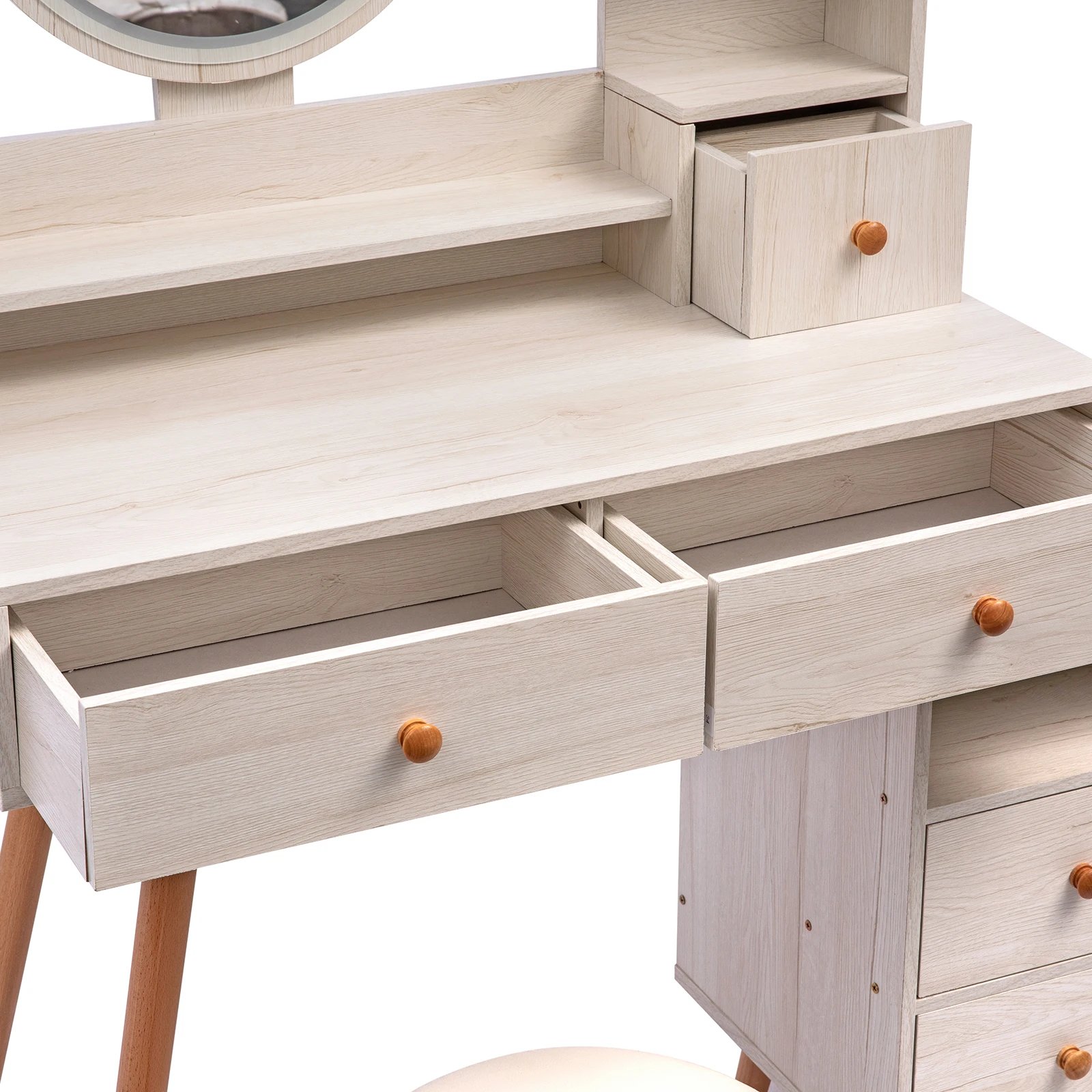 CRAZY ELF Stylish Vanity Table + Cushioned Stool, Touch Control LED Mirror, Large Capacity Storage Cabinet, 5 Drawers, Fashionab
