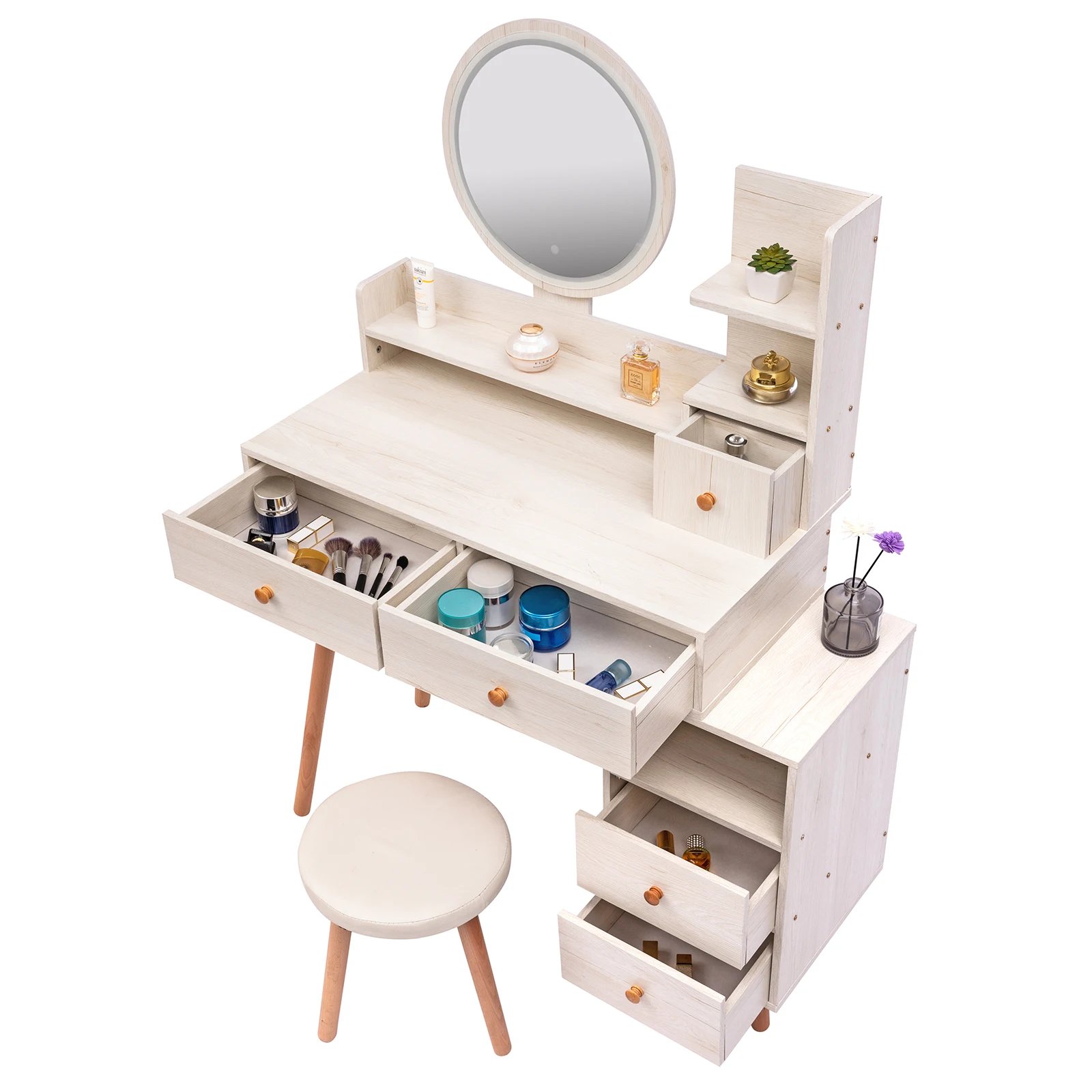 CRAZY ELF Stylish Vanity Table + Cushioned Stool, Touch Control LED Mirror, Large Capacity Storage Cabinet, 5 Drawers, Fashionab