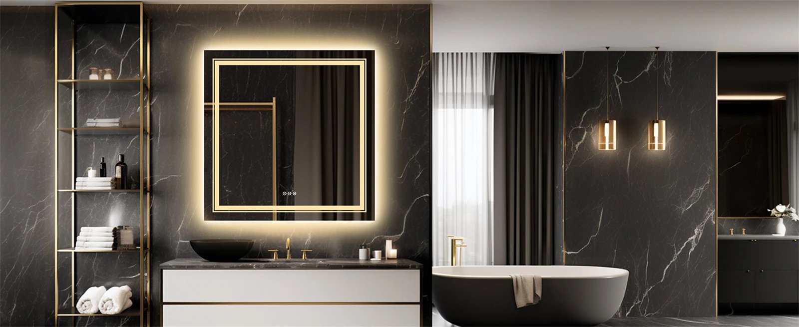 LED Bathroom Mirror Square Wall Mirror with Dimmable Lighted Touch Sensor and Demister Pad IP65 Waterproof Backlit + Front Light