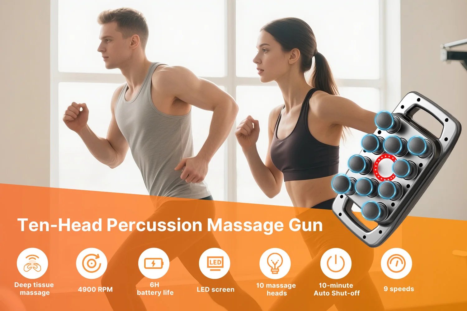 1pc Ten Head Percussion Massage Gun: USB Rechargeable, Deep Tissue Muscle Relaxation, 9 Intensity Levels, Silent