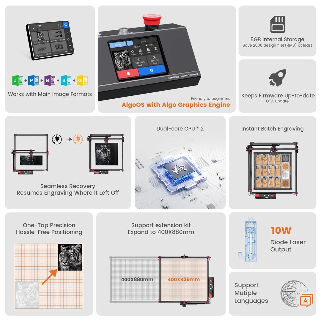 AlgoLaser DIY KIT MK2 10W Laser Engraver with Air Assist Nozzle High Accuracy Laser Engraving Cutting Machine for DIY Wood Logo