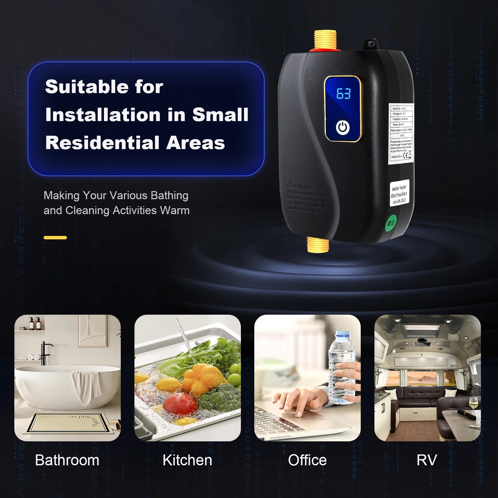 110V 3000W Tankless Water Heater Electric Instant Water Heating Machine Kitchen Water Boiler Hot Water Black