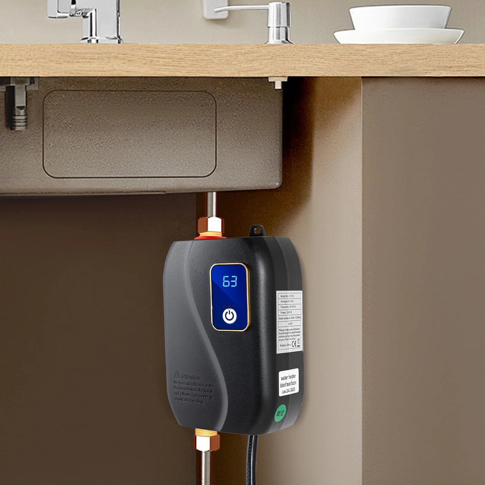 110V 3000W Tankless Water Heater Electric Instant Water Heating Machine Kitchen Water Boiler Hot Water Black