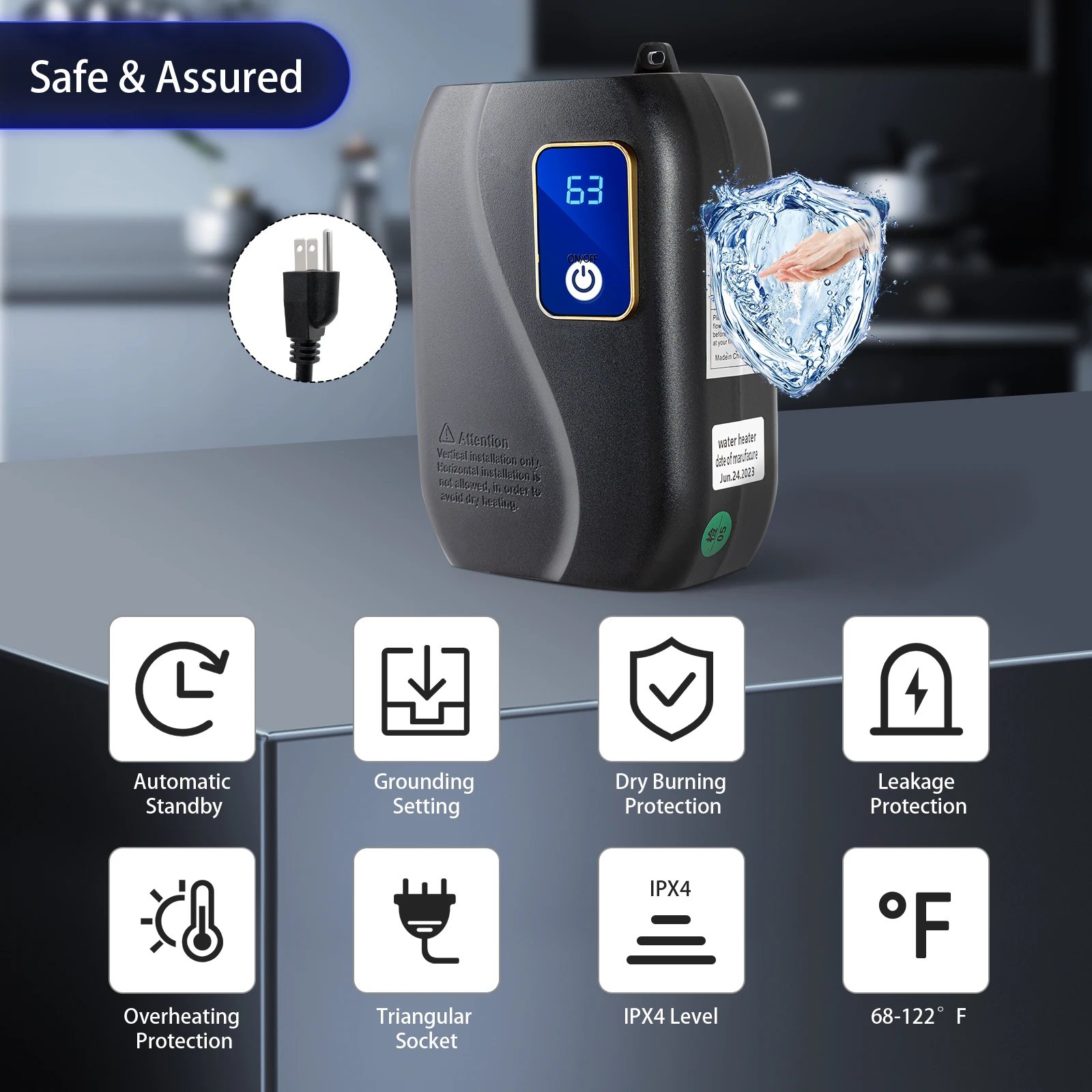 110V 3000W Tankless Water Heater Electric Instant Water Heating Machine Kitchen Water Boiler Hot Water Black