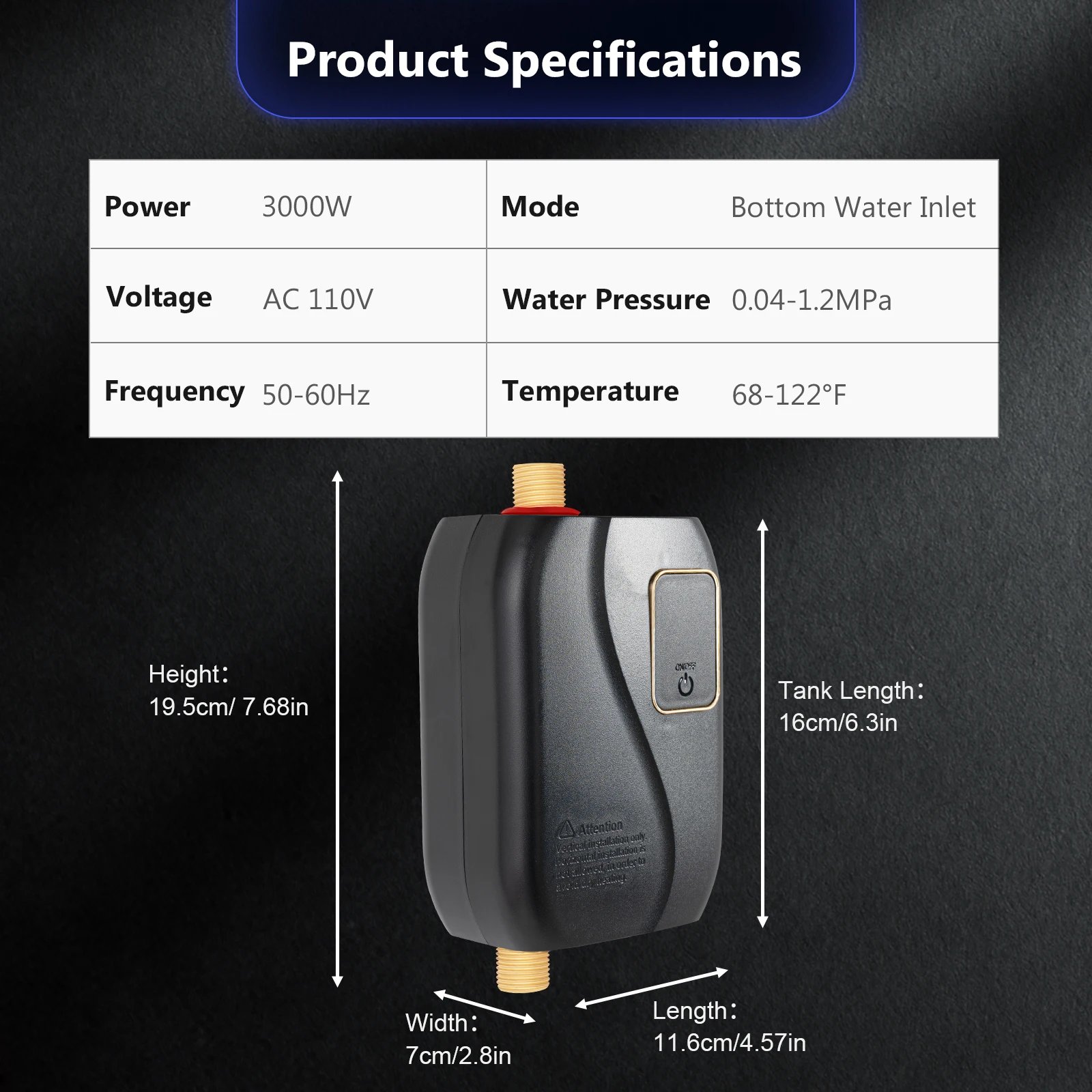 110V 3000W Tankless Water Heater Electric Instant Water Heating Machine Kitchen Water Boiler Hot Water Black