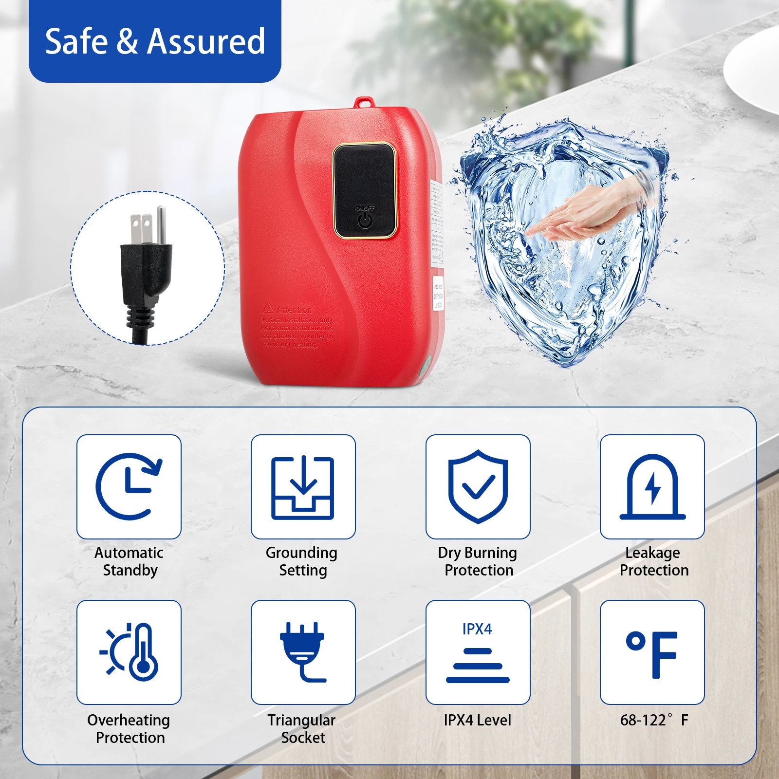 3000W Instant Water Heater 68-122℉ Kitchen Mini Electric Water Heater with Digital Display Red Tankless Water Heater