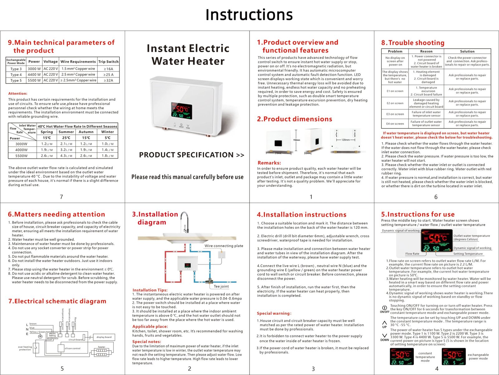 110V/220V Instant Water Heater 3000W/5500W Wall-Mounted Electric Heaters for Bathroom Hot Water Shower and Home Kitchen Heating