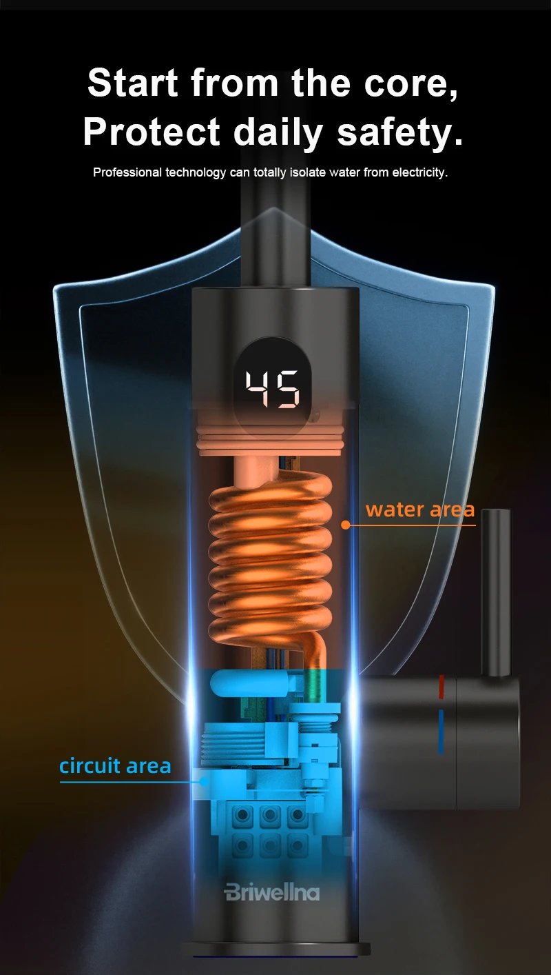 Briwellna 220V Electric Instant Water Heater 2 in 1 Kitchen Faucet Tankless Stainless Steel Water Heater TapInstant Geyser KM12