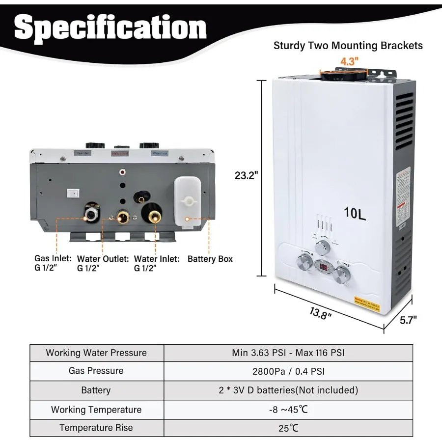 10L 2.6 GPM LPG Gas Propane Instant Tankless Hot Water Heater 61000 BTU for Home Kitchen Bathroom Outdoor Camping Portable Heat