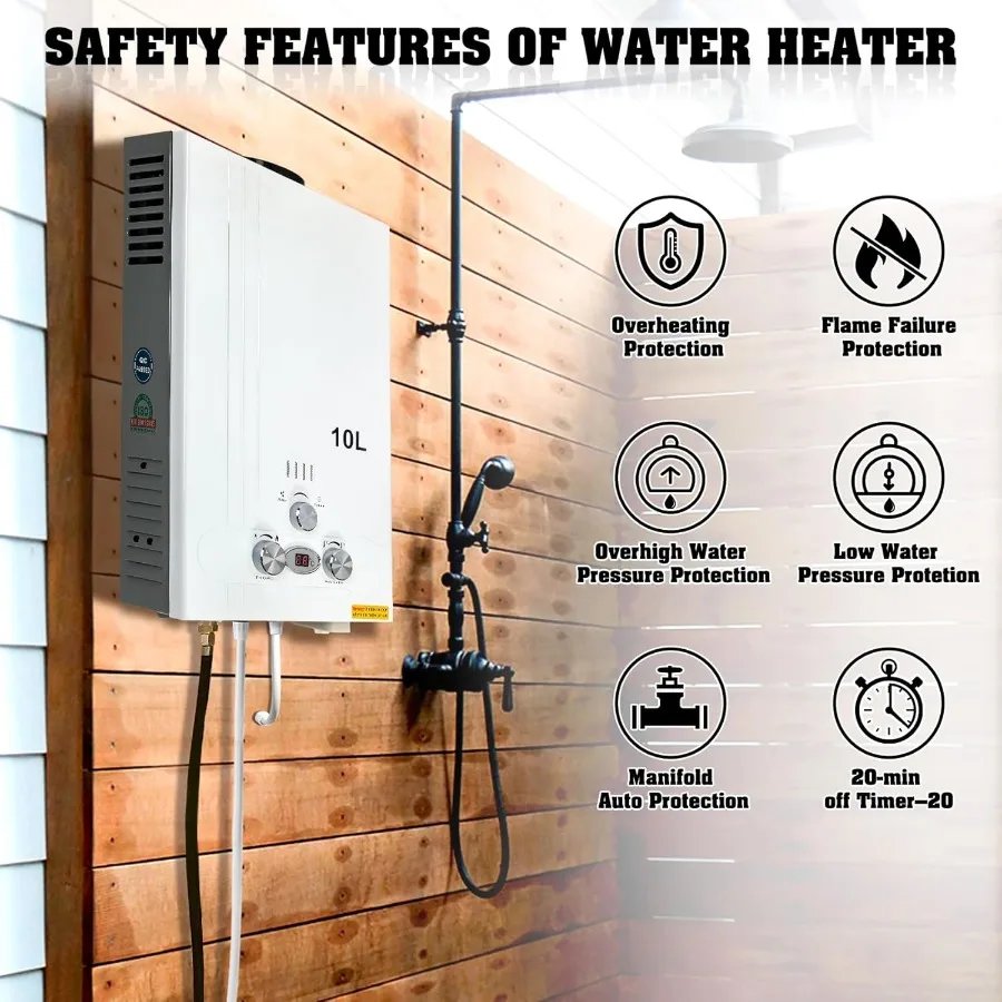 10L 2.6 GPM LPG Gas Propane Instant Tankless Hot Water Heater 61000 BTU for Home Kitchen Bathroom Outdoor Camping Portable Heat