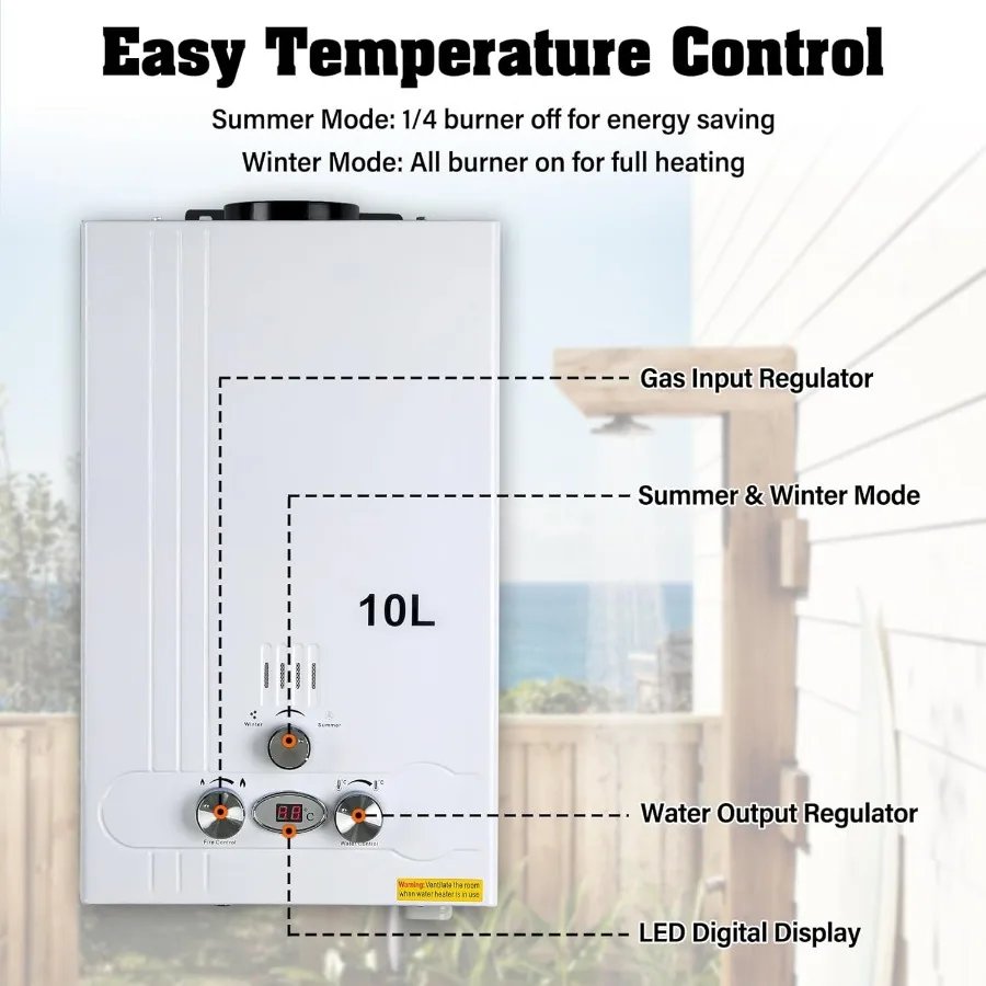10L 2.6 GPM LPG Gas Propane Instant Tankless Hot Water Heater 61000 BTU for Home Kitchen Bathroom Outdoor Camping Portable Heat
