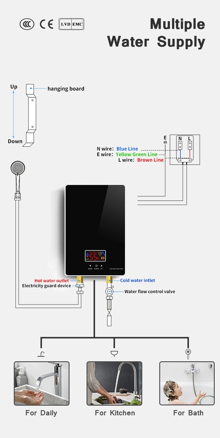 220V 6000W Instant Tankless Electric Hot Water Heater Bathroom Kitchen Instant Heating Tap Demand Water Heater with LCD Display