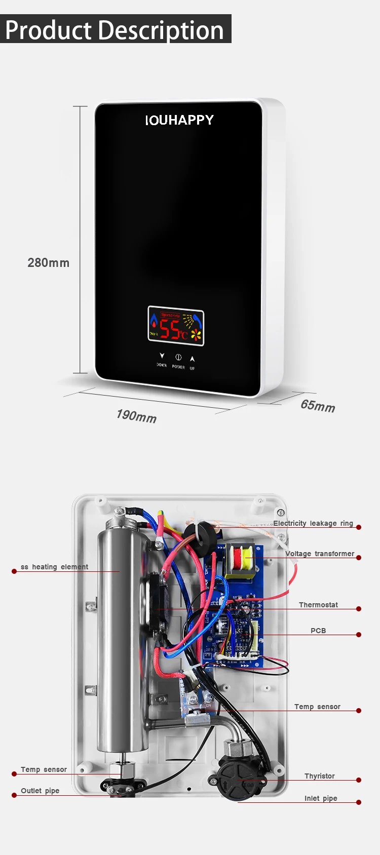 220V 6000W Instant Tankless Electric Hot Water Heater Bathroom Kitchen Instant Heating Tap Demand Water Heater with LCD Display