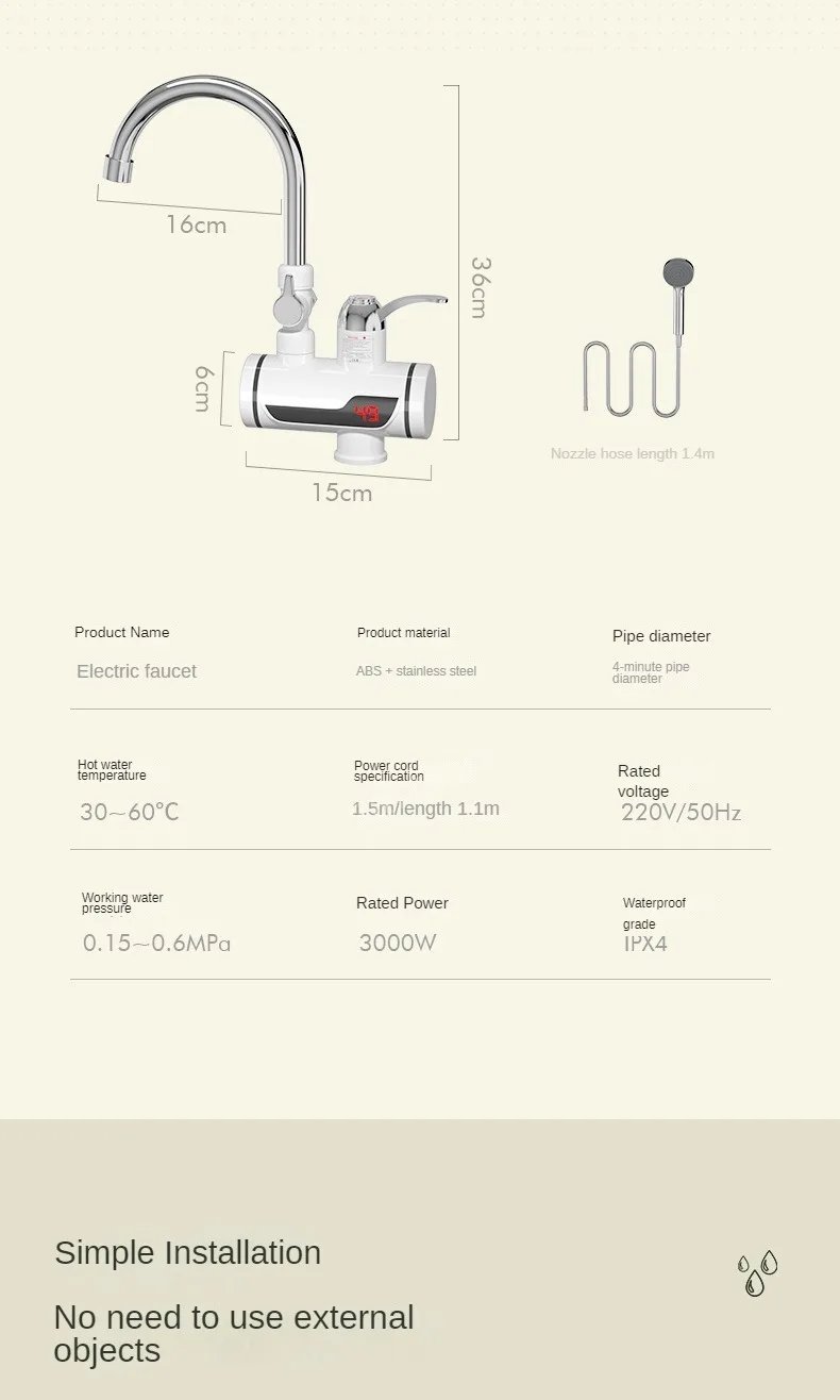 Instant Tankless Electric Hot Water Heater Faucet Kitchen Instant Heating Tap Water Heater with LED