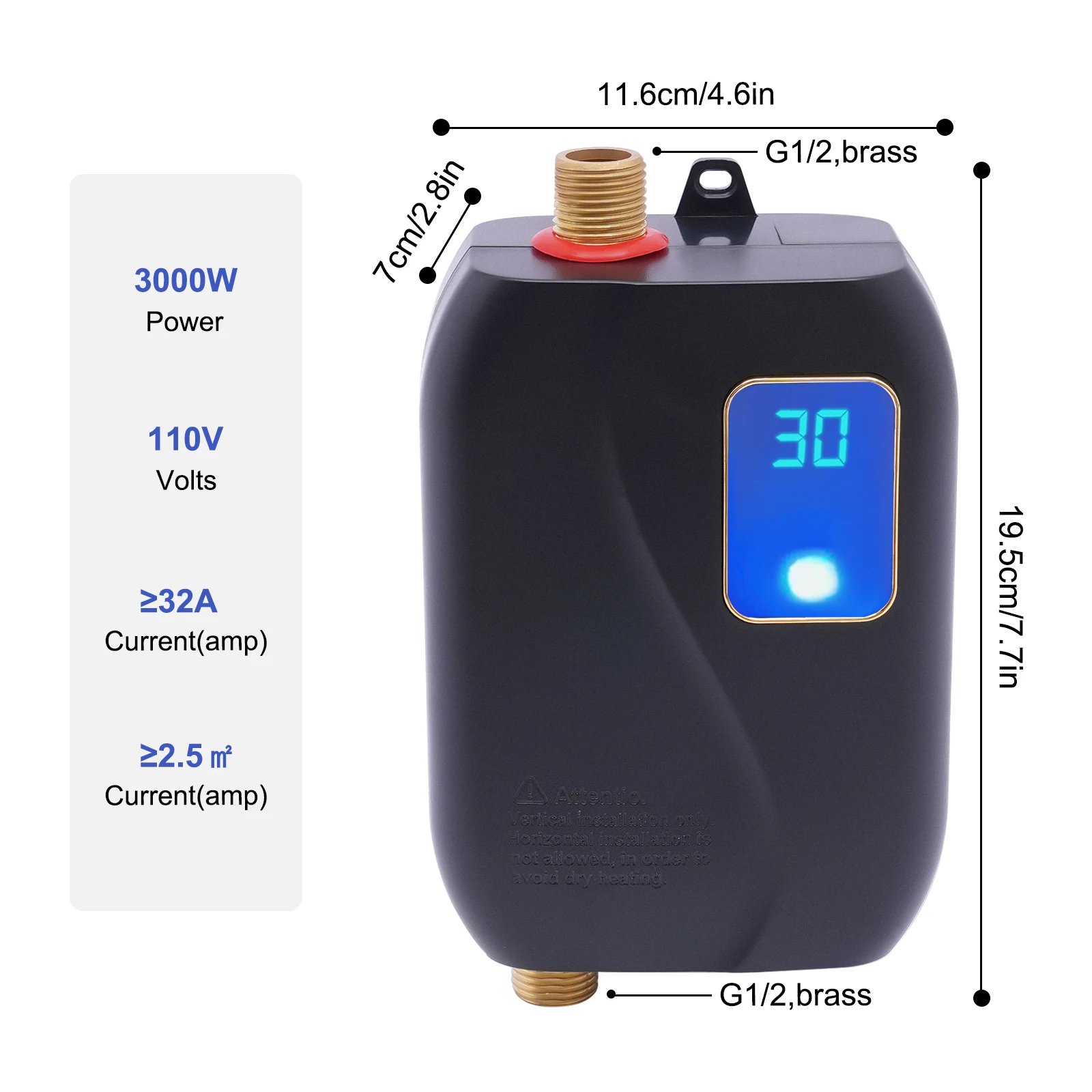Tankless Water Heater 110V 3000W Electric Instant Water Heating Machine Kitchen Water Boiler Hot Water Black