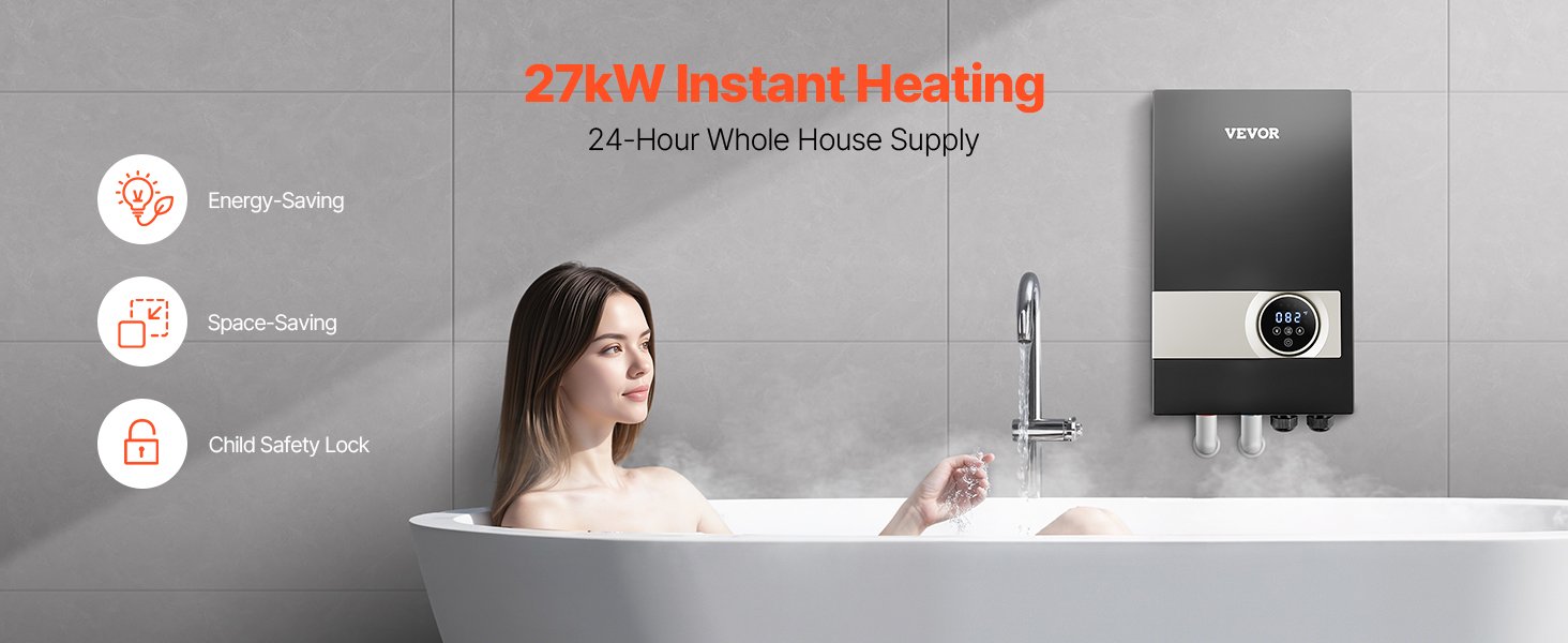 SucceBuy Tankless Electric Water Heater 27/36kW Instant Hot Water Heater Under Sink On Demand for Bathroom Child Security Lock