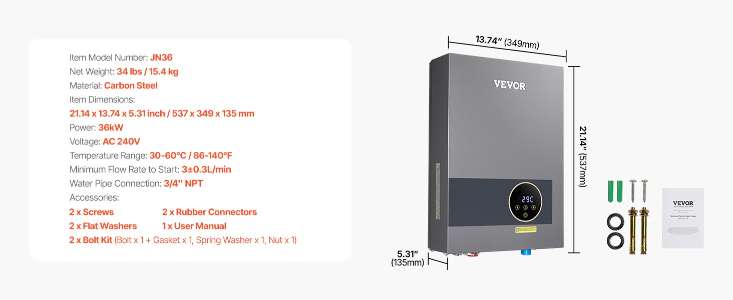 SucceBuy Tankless Electric Water Heater 27/36kW Instant Hot Water Heater Under Sink On Demand for Bathroom Child Security Lock