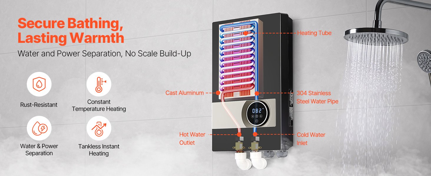 SucceBuy Tankless Electric Water Heater 27/36kW Instant Hot Water Heater Under Sink On Demand for Bathroom Child Security Lock