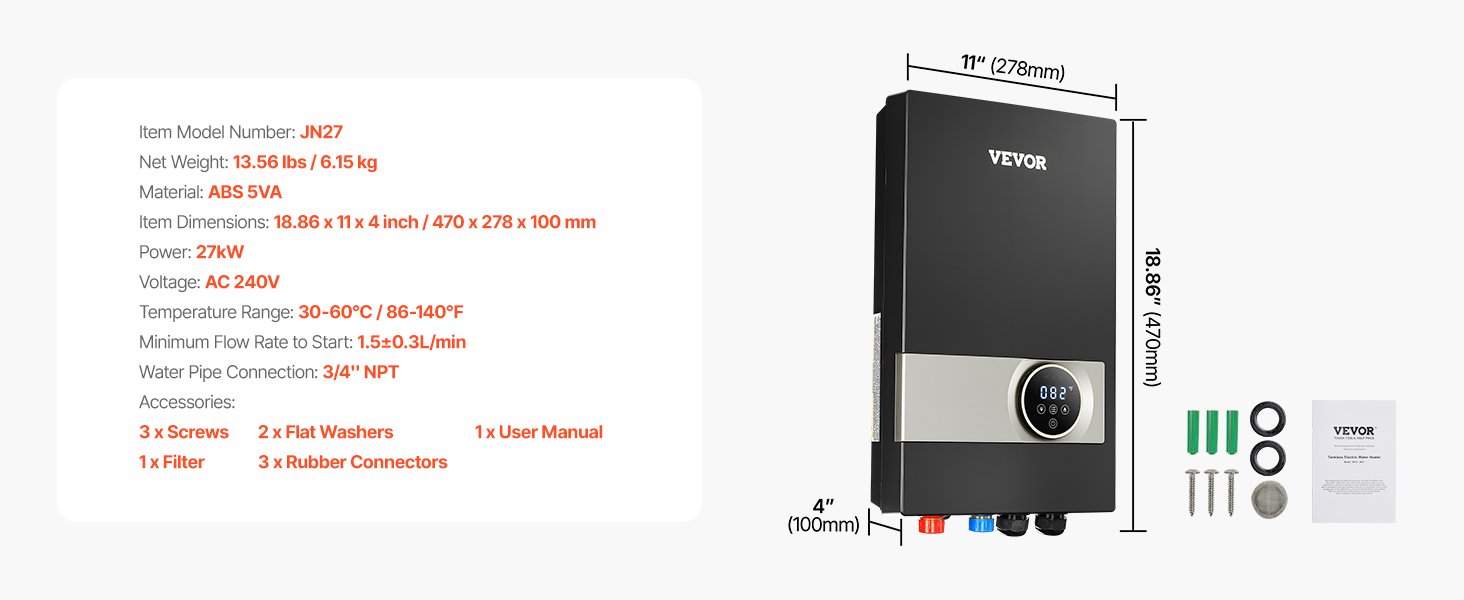 SucceBuy Tankless Electric Water Heater 27/36kW Instant Hot Water Heater Under Sink On Demand for Bathroom Child Security Lock