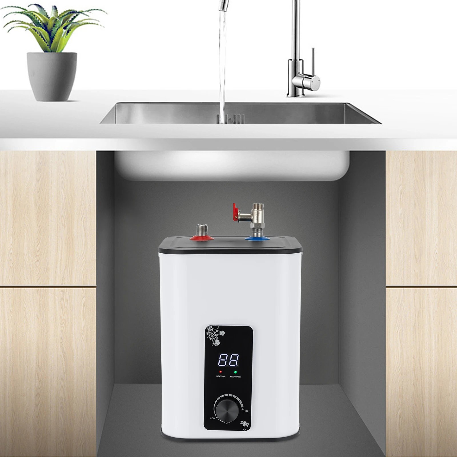 8L White Electric Mini Tank Water Heater,Rectangle Instant ABS Hot Water Heater Top Discharge 24*24*35cm for Kitchens,Cabinets
