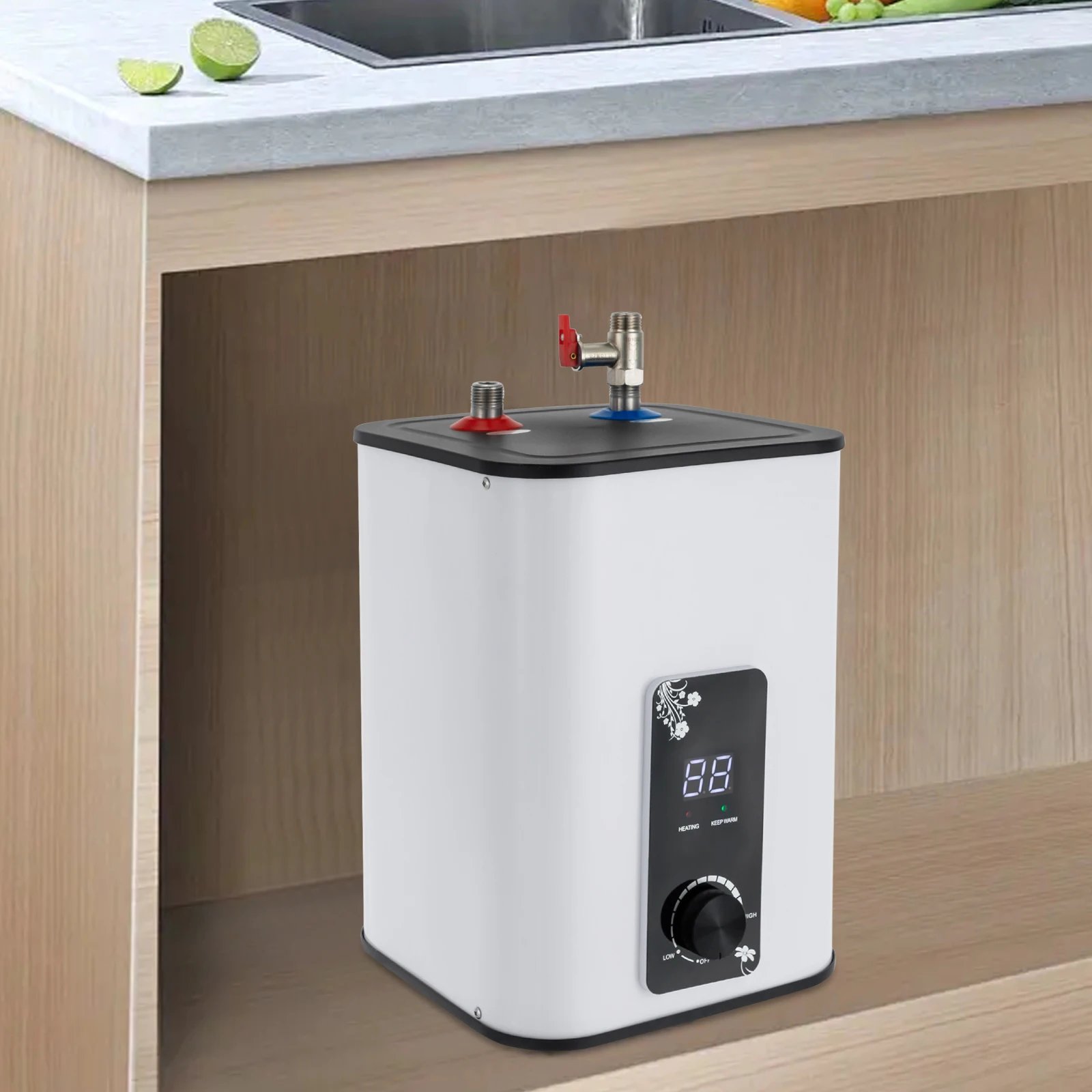 8L White Electric Mini Tank Water Heater,Rectangle Instant ABS Hot Water Heater Top Discharge 24*24*35cm for Kitchens,Cabinets