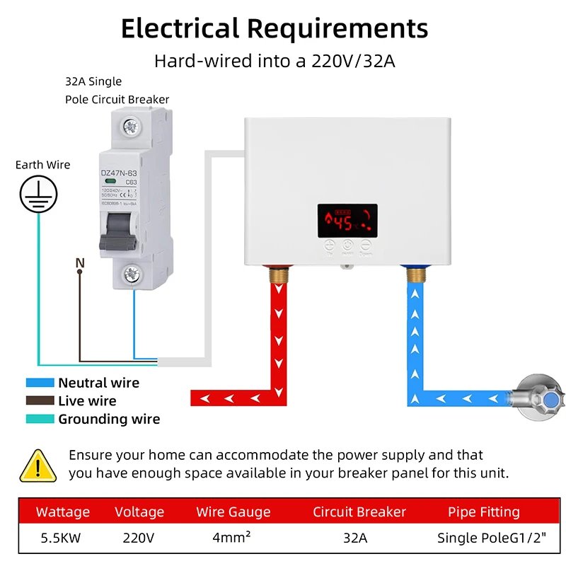 5500W Instant Water Heater Wall-Mounted Electric Water Heaters for Bathroom Hot Water Shower and Home Kitchen Heating 220V