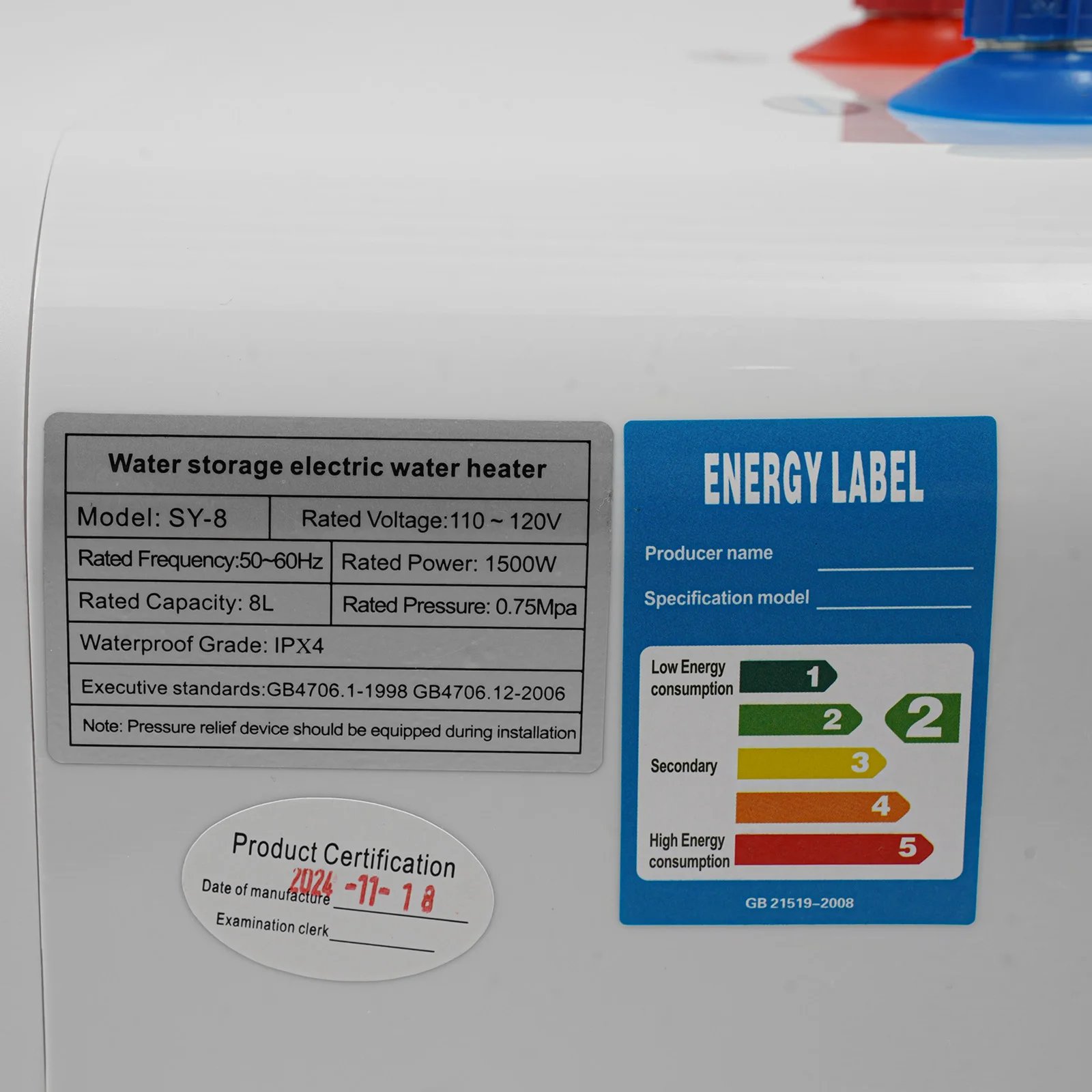 8L 1500W ABS Electric Hot Water Heater,White Wall-mounted Tank Hot Water Heater Upward Water Inlet for Kitchens,Bathrooms