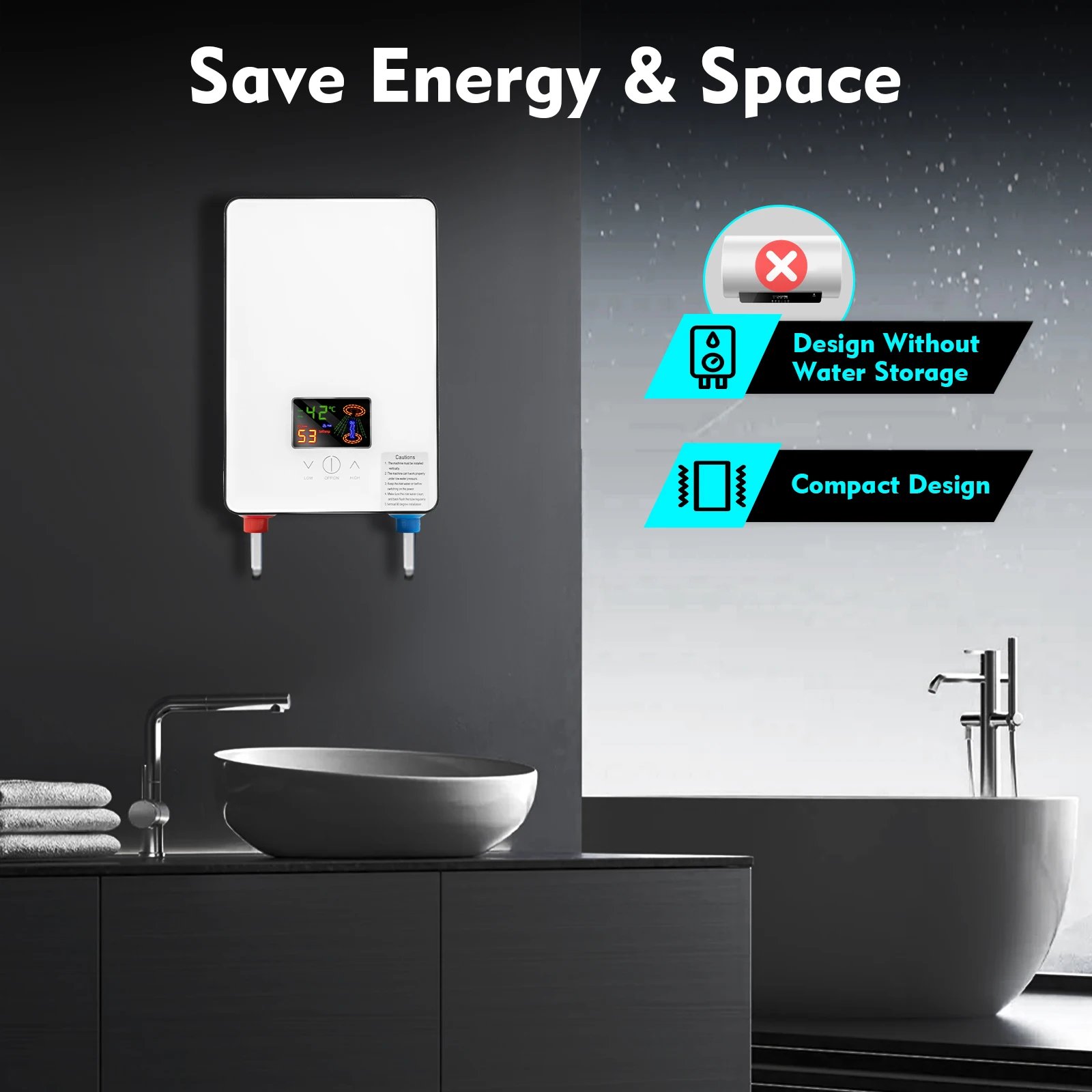 6500W Instant Water Heater Wall-mounted Electric Water Heater w/ LED Touch Screen, Instantaneous Water Heater & Shower set