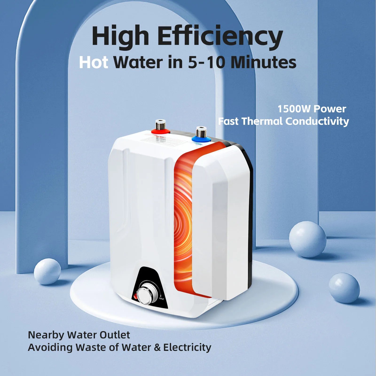 Electric Water Heater, 1500W Excellent Thermal Insulation Effect 86-149°F Adjustable Temperature for Garage Office Sink Kitchen