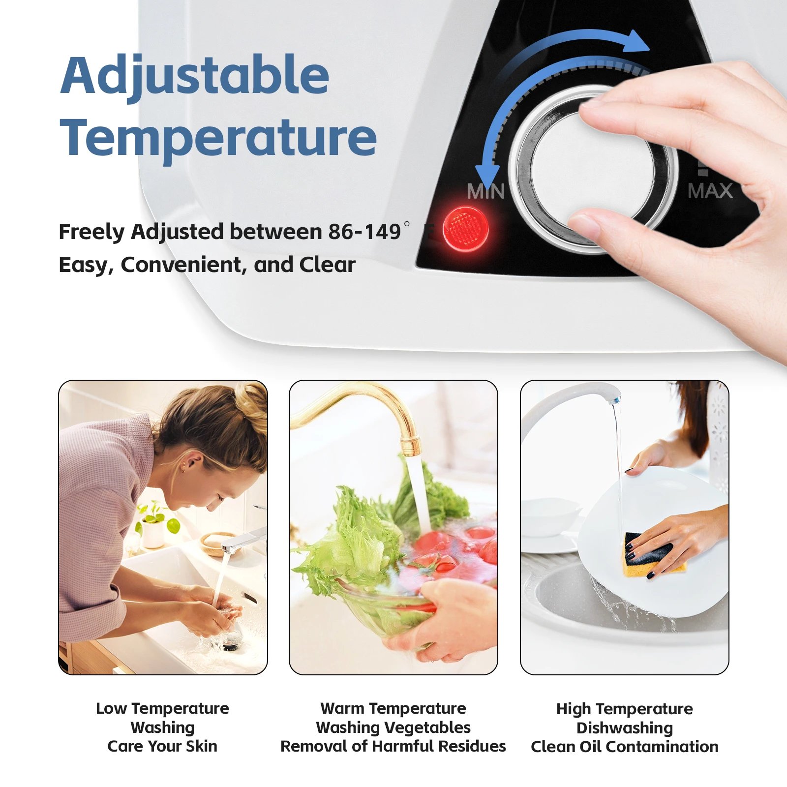 Electric Water Heater, 1500W Excellent Thermal Insulation Effect 86-149°F Adjustable Temperature for Garage Office Sink Kitchen