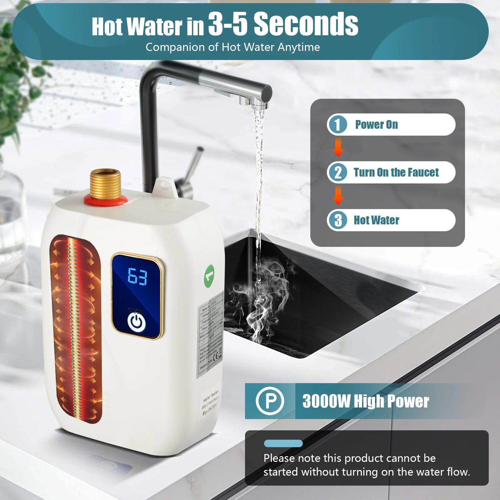 Electric Water Heater-110V Small Instant Hot Water Heater Under Sink Plug in Tankless Water Heater on Demand with LCD