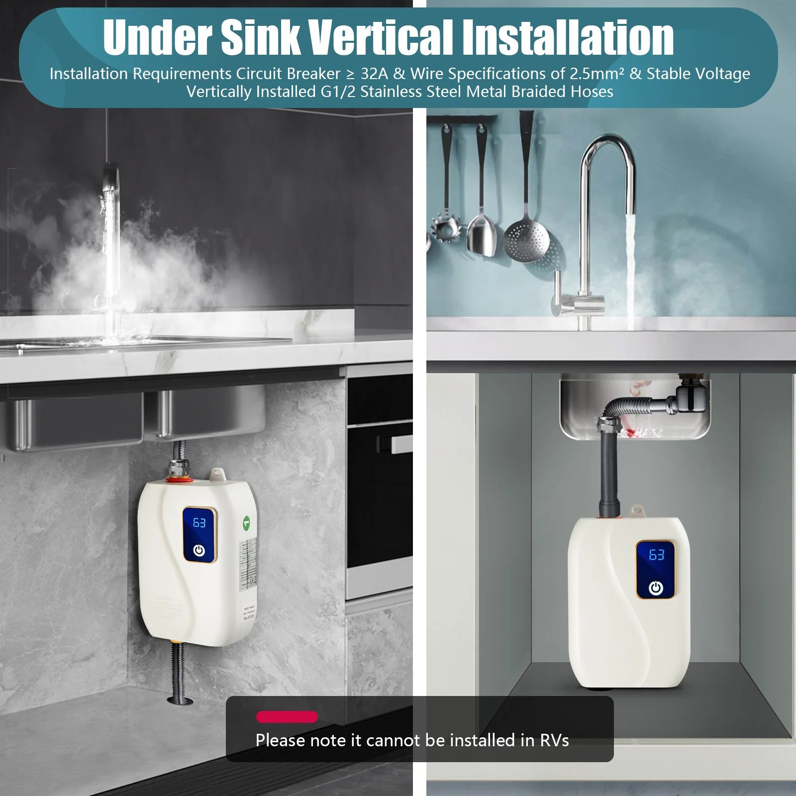 Electric Water Heater-110V Small Instant Hot Water Heater Under Sink Plug in Tankless Water Heater on Demand with LCD