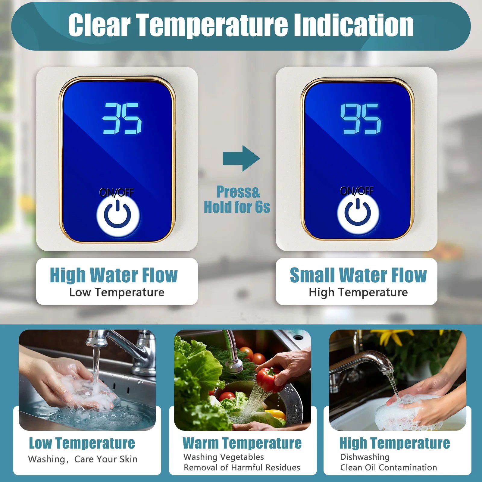 Electric Water Heater-110V Small Instant Hot Water Heater Under Sink Plug in Tankless Water Heater on Demand with LCD