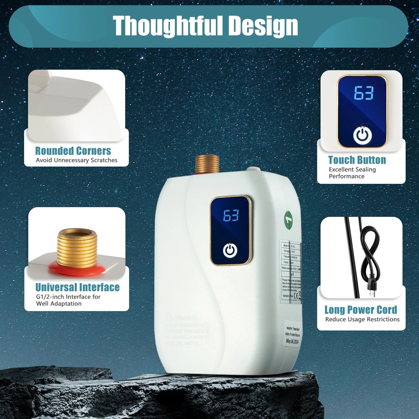 Electric Water Heater-110V Small Instant Hot Water Heater Under Sink Plug in Tankless Water Heater on Demand with LCD