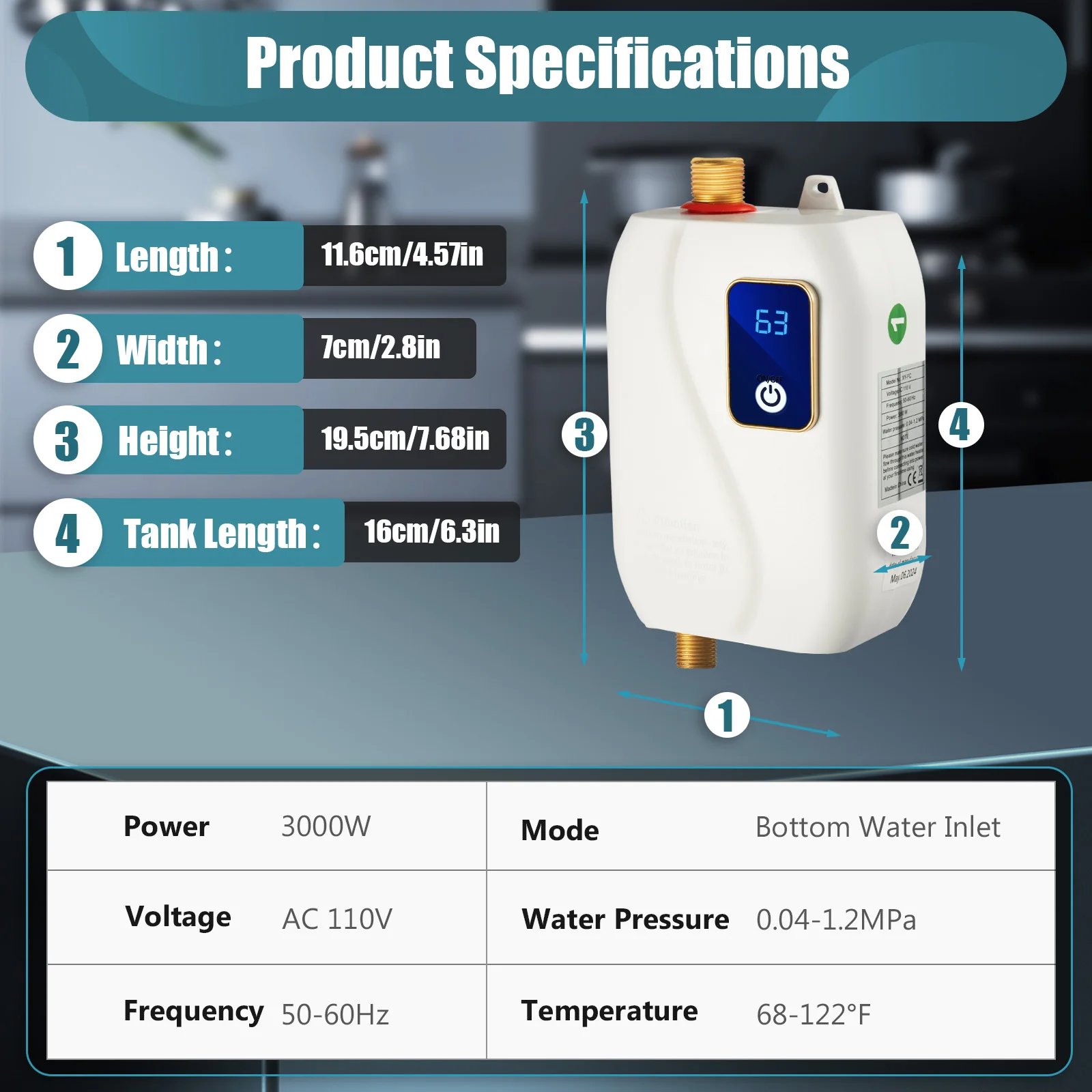 Electric Water Heater-110V Small Instant Hot Water Heater Under Sink Plug in Tankless Water Heater on Demand with LCD