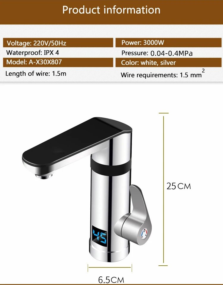 3000W Instant Electric Faucet Heater Tap Display Temperature Tankless Water Heater for Kitchen and Bathroom EU/UK/AU Plug 220V