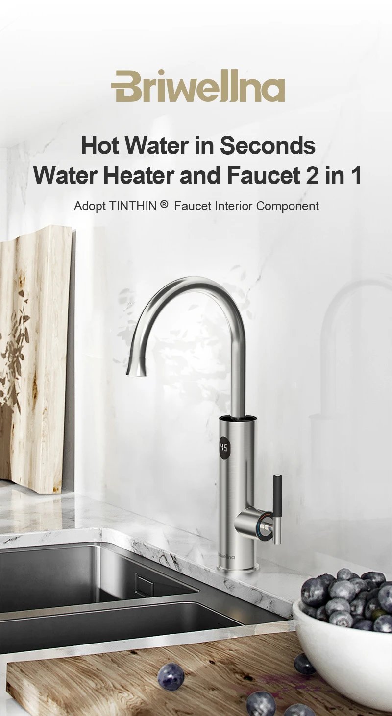 Briwellna Electric Water Heater Kitchen Faucet 2 In 1 With Digital Display Stainless Steel 220V Electric Tap Geyser Robinet