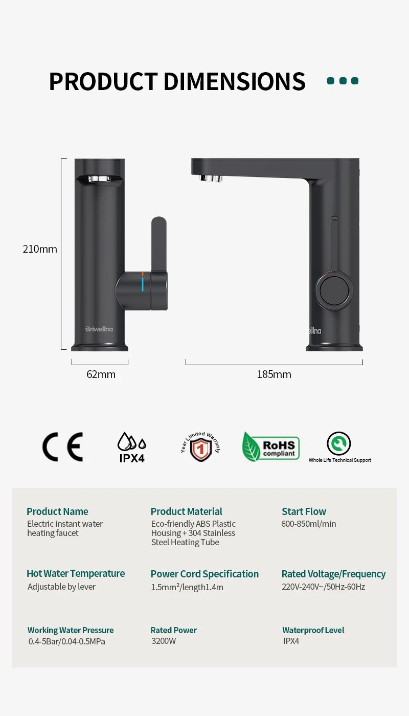 Briwellna Electric Water Heater Hot Water Faucet 2 in 1 Basin Tap Tankless Geyser 220V Instant Water Heater Faucet For Home