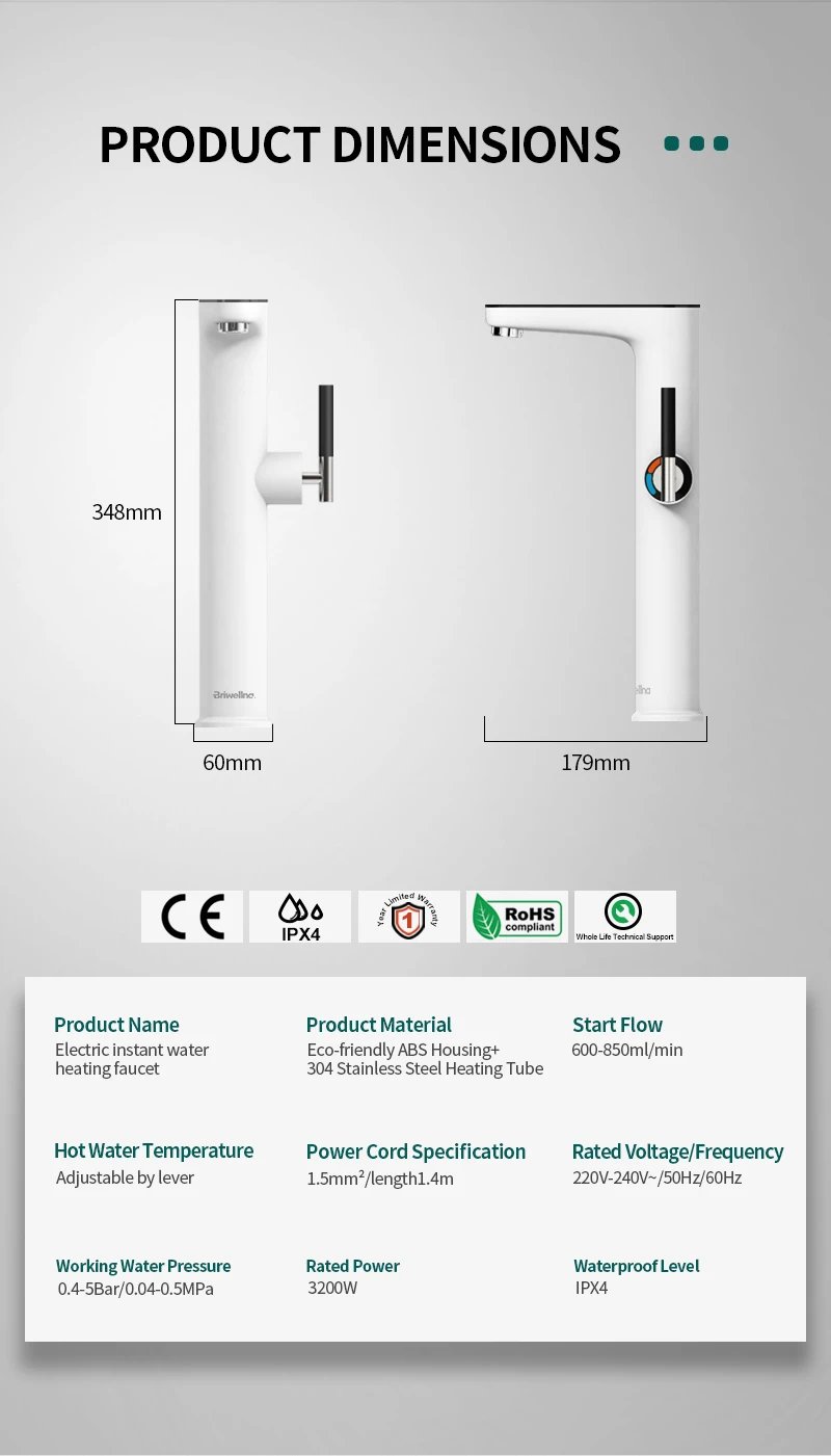 Briwellna Instant Hot Water Faucet 220V Water Heater Electric Faucet For Countertop Sinks Heating Tap Vessel Sink Flowing Heater