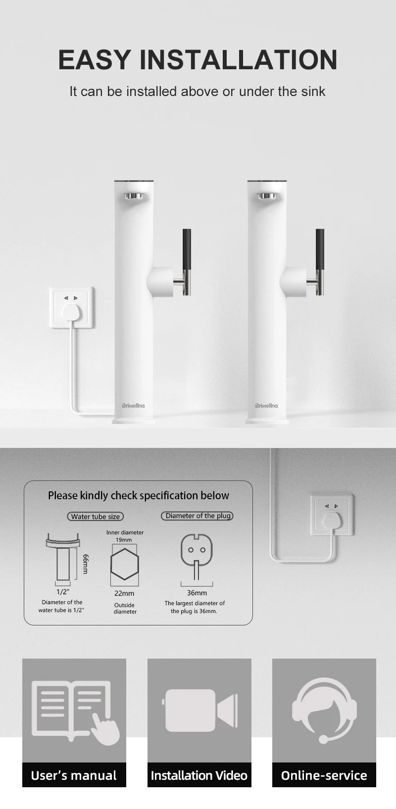 Briwellna Instant Hot Water Faucet 220V Water Heater Electric Faucet For Countertop Sinks Heating Tap Vessel Sink Flowing Heater