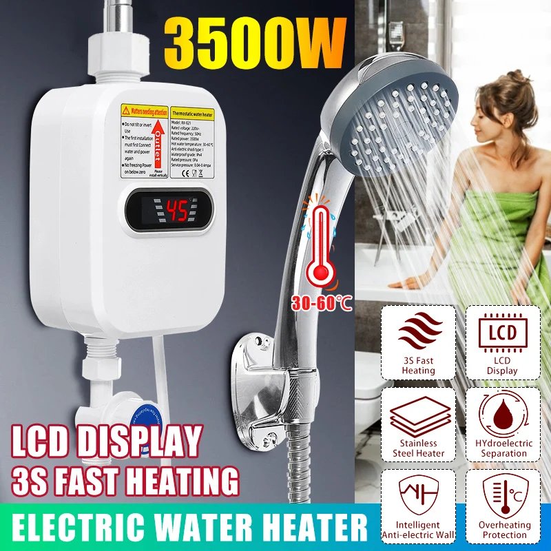 3S Instant Water Heater Shower 3500W 110V 220V Heating Bathroom Kitchen Tankless Electric Water Heater Temperature Display