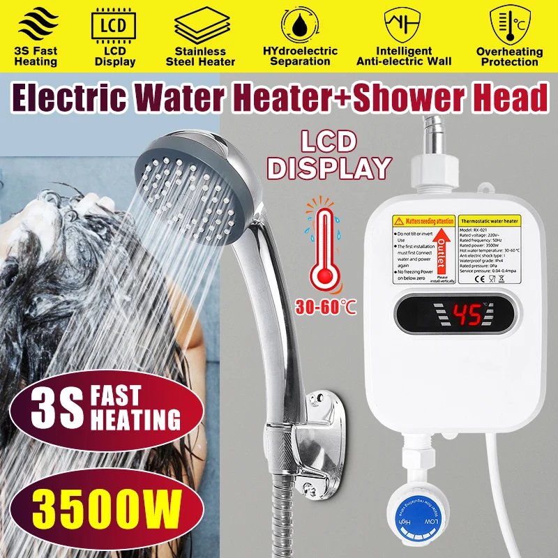 3S Instant Water Heater Shower 3500W 110V 220V Heating Bathroom Kitchen Tankless Electric Water Heater Temperature Display