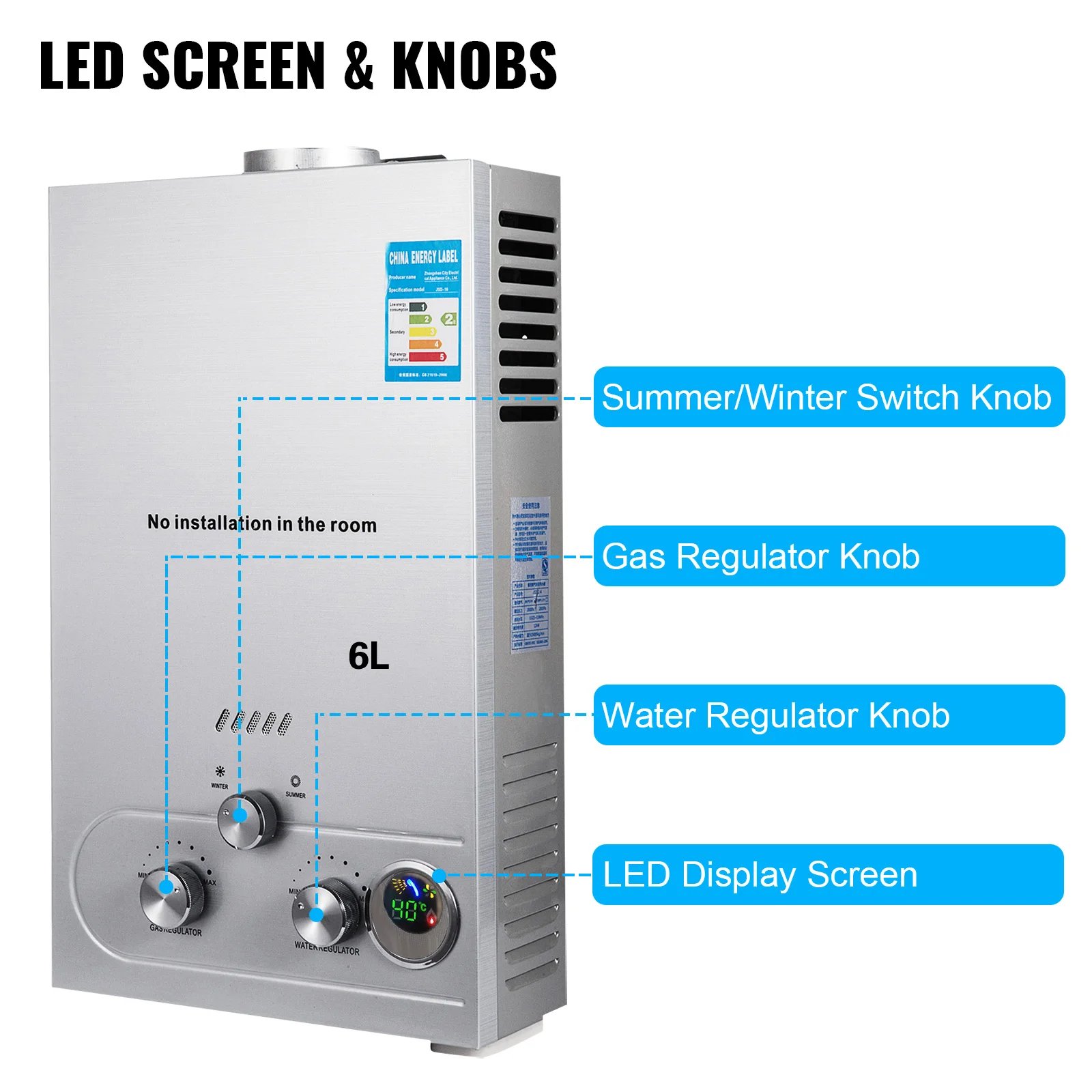 VEVOR 6L 8L 10L 12L 16L 18L LPG Portable Instand Water Heater Propane Gas LPG Wall-Mounted Tankless Water Heater Digital Display