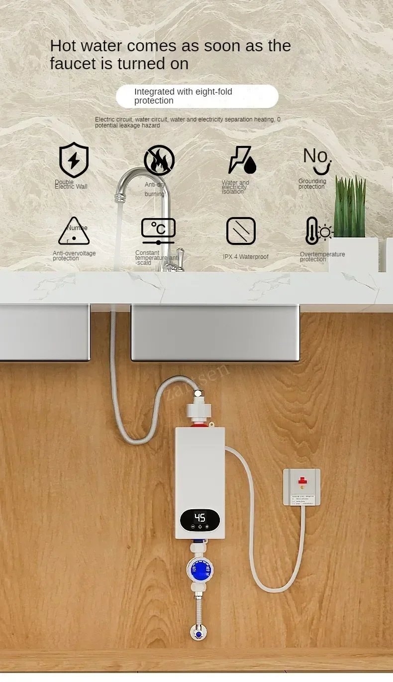 4500W Electric Water Heater Mini Tankless Instantaneous Water Heater Kitchen Bathroom Shower Hot Water Fast Heating