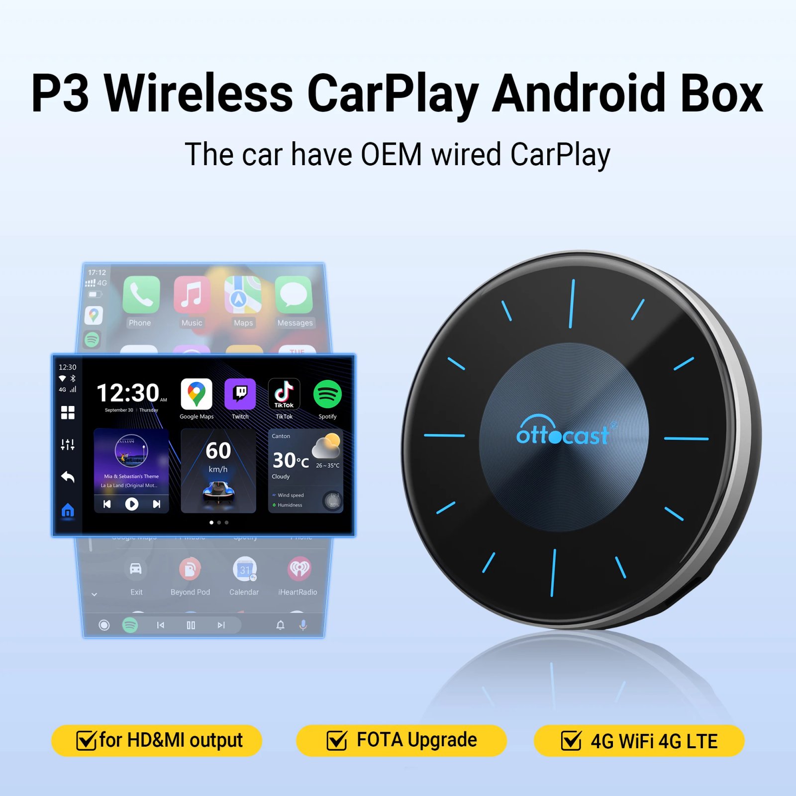 OTTOCAST P3 OttoAibox CarPlay AI Box Wireless Android Auto Smart TV Box Car Accessories for Benz Audi Kia Hyundai VW Toyota 2024