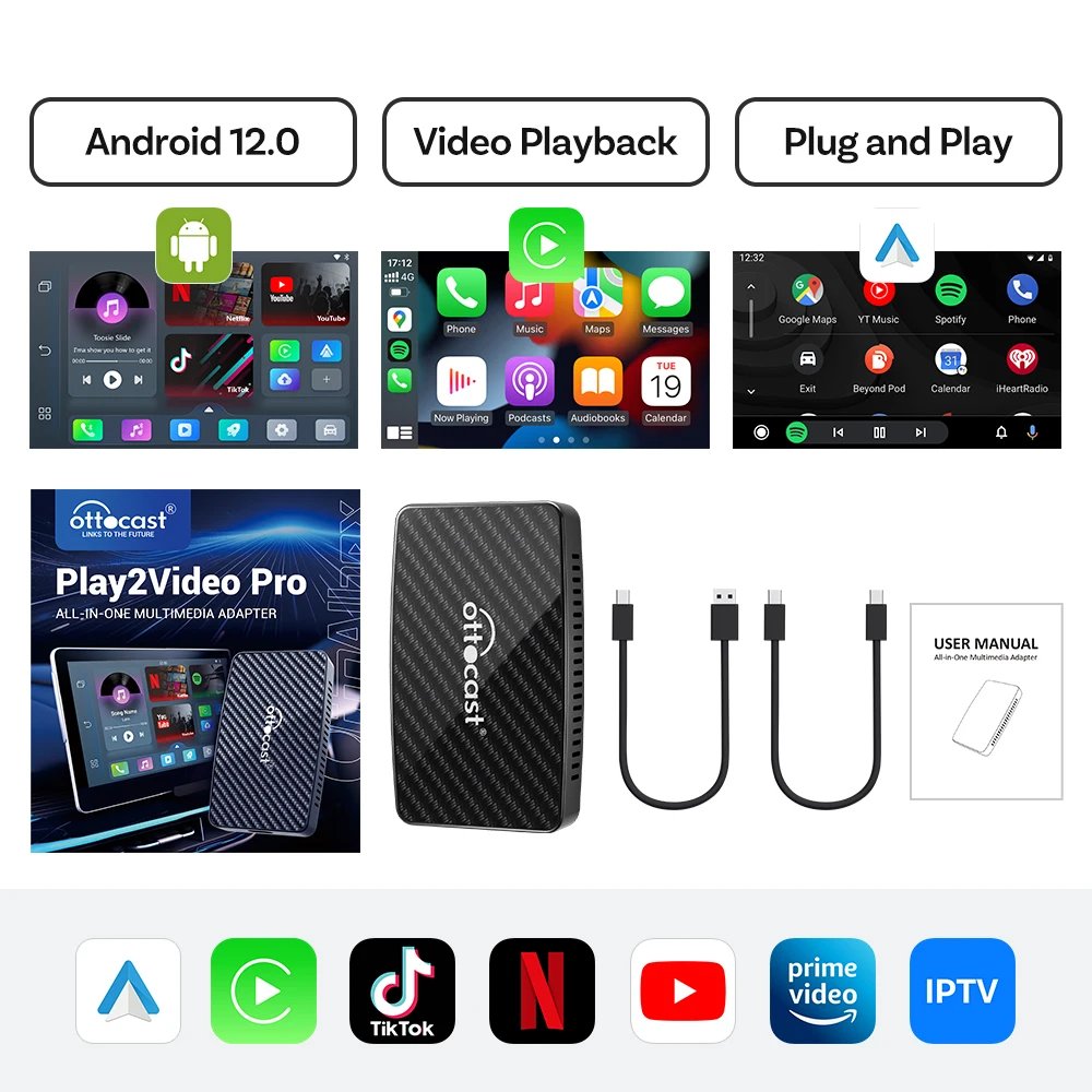 OTTOCAST Play2 Video Pro Carplay Ai Box Wireless Android Auto Adapter Built in Youtube Netflix For VW Benz Ford 99% of Cars