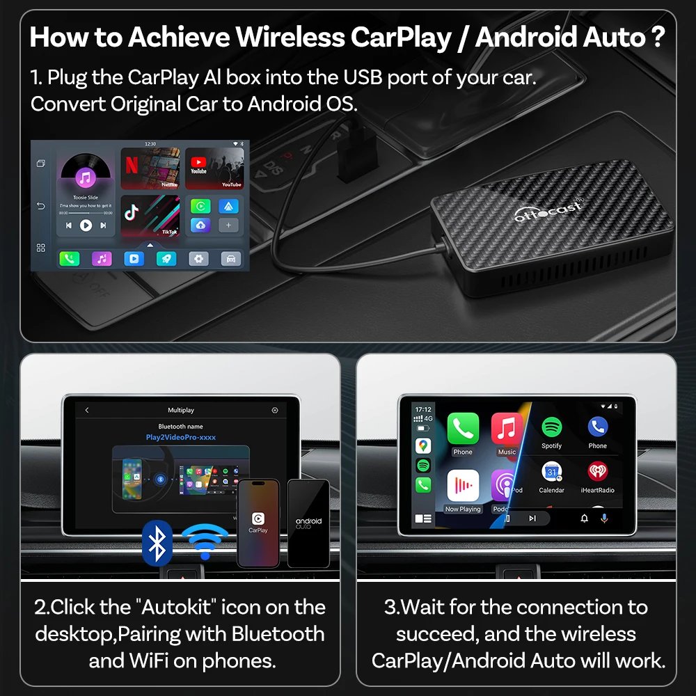 OTTOCAST Play2 Video Pro Carplay Ai Box Wireless Android Auto Adapter Built in Youtube Netflix For VW Benz Ford 99% of Cars